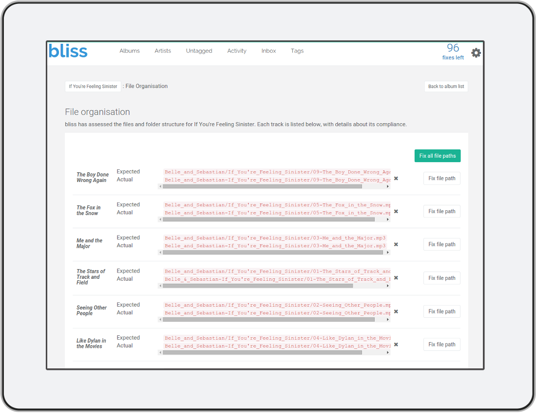 bliss file assessment on a ipad