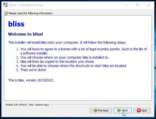 First page of the bliss installer on Windows 10