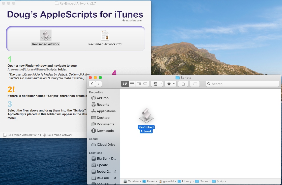 Dragging the Re-Embed Artwork script into the iTunes Scripts folder