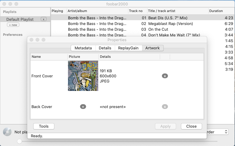 foobar2000 showing the artwork since it has been embedded