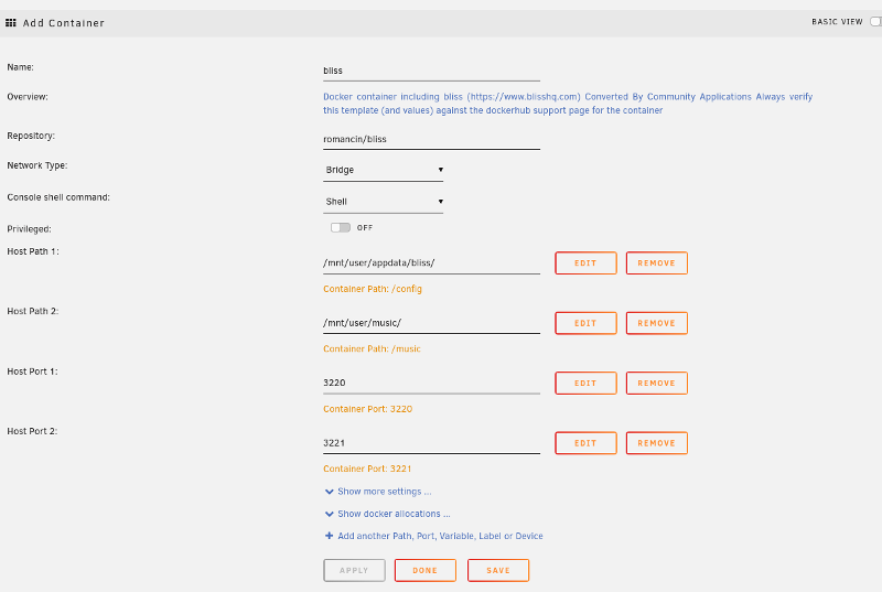 Configure the bliss container