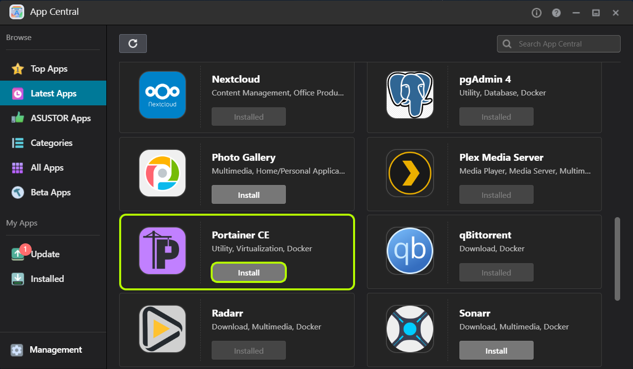 Portainer CE in ASUSTOR App Central