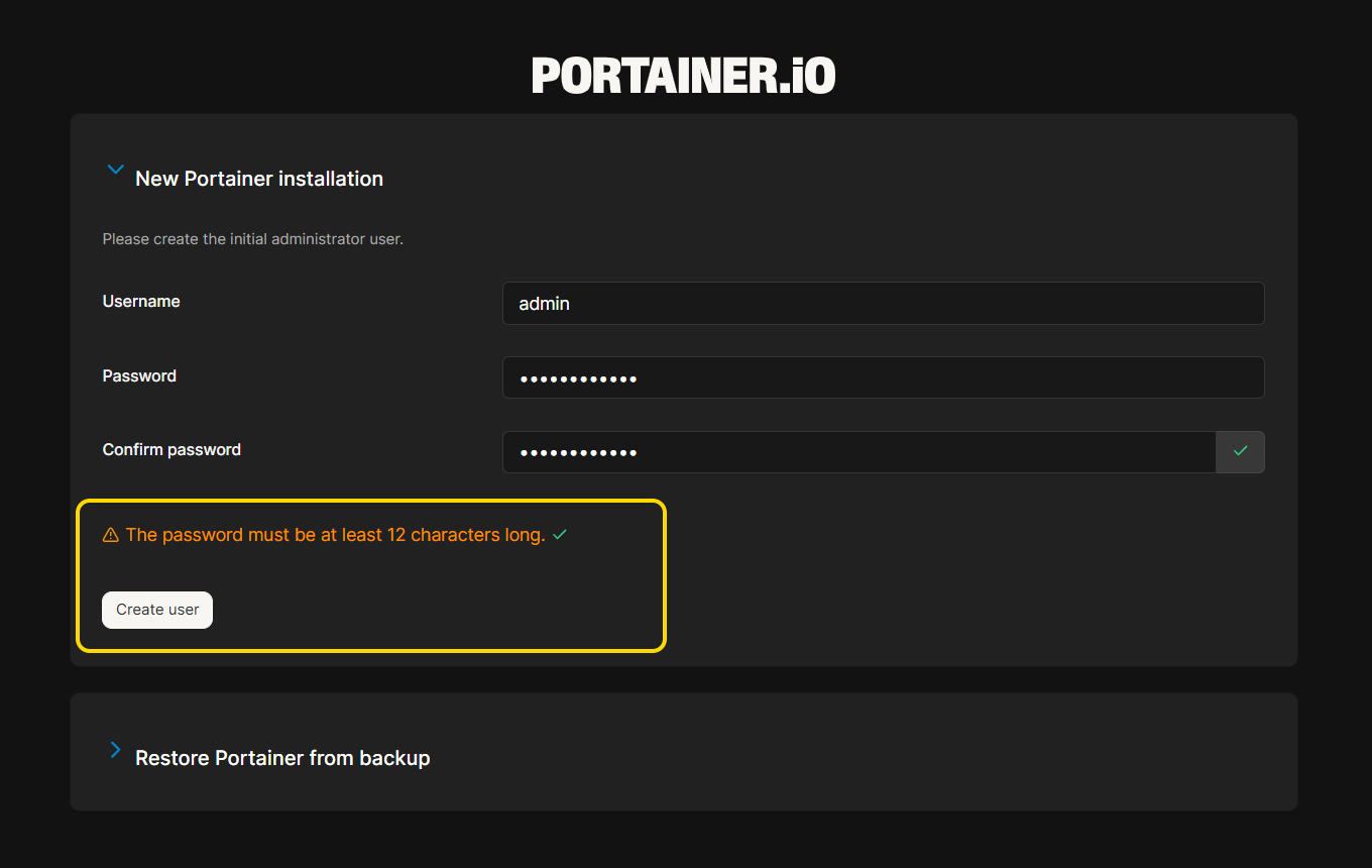 Creating the Portainer administrator user