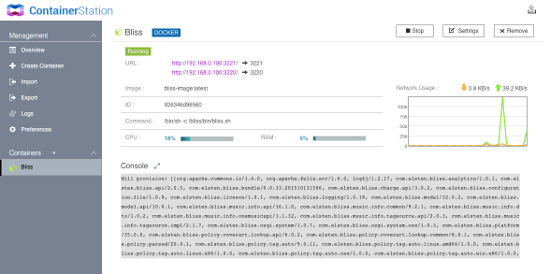 The Container Station UI showing bliss running