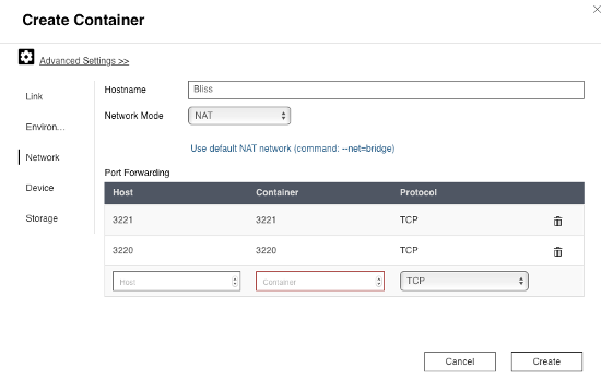 Network settings for the bliss Docker container