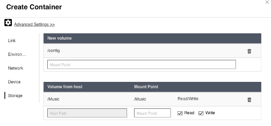 Storage settings for the bliss Docker container