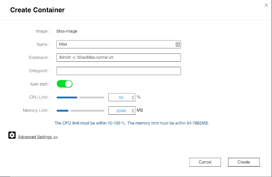 Settings to create a Docker container from the bliss-image