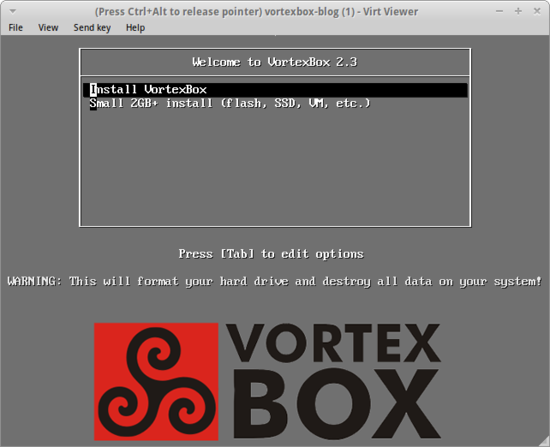 Grub screen for VortexBox 2.3 install