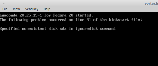 Screenshot of "specified nonexistent disk sda in ignoredisk command" message