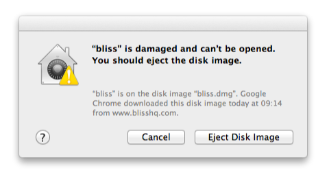 bliss is damaged and can't be opened. You should eject the disk image.