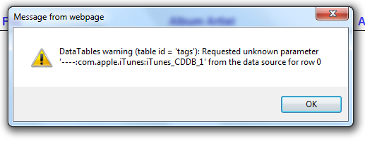 Error message requested unknown parameter shown when iTunes tags are in music files