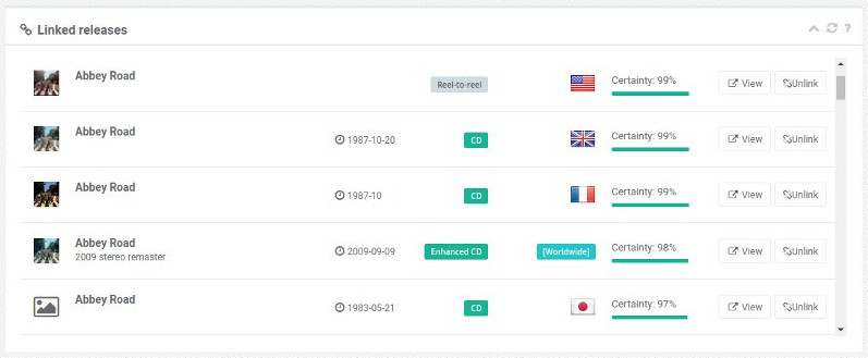Format, country and subtitles in the Linked Releases panel