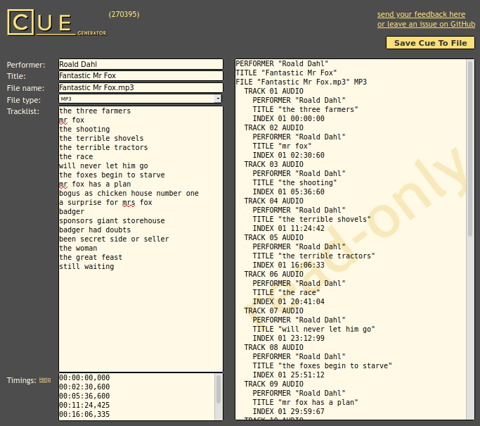 CUE Generator screenshot with tracks automatically transcribed