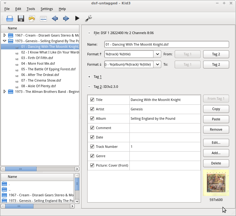 The tagged DSF album with cover art, as shown in Kid3