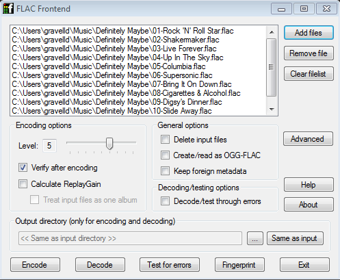 FLAC frontend populated with files to test