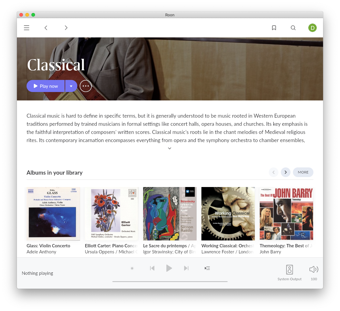 Roon's genre page for classical