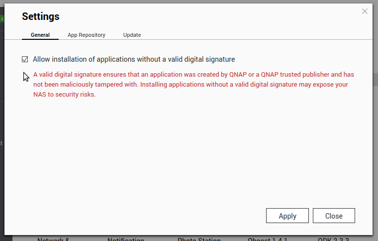 Allowing installation of QNAP app without a digital certificate