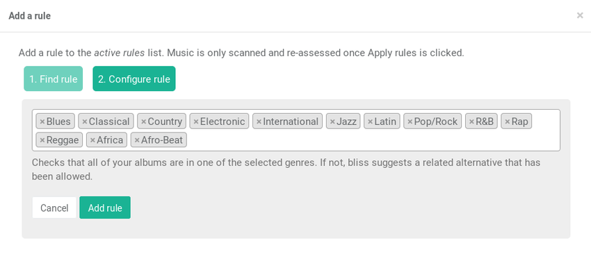 Enabling the genre consolidation rule, showing the default allowed list