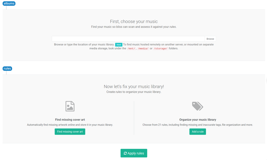 The settings page on first starting bliss, with no rules configured.