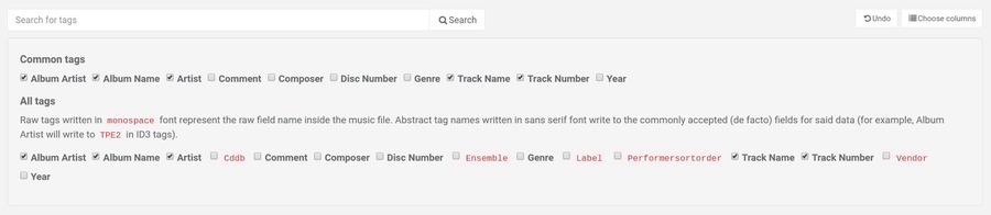 Choose columns to show in the tag editor