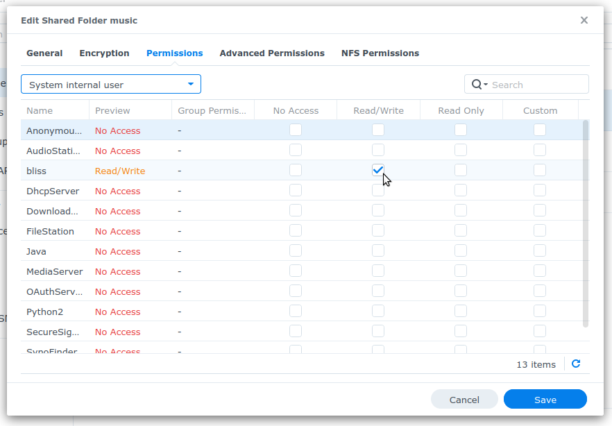 Granting permissions to the Synology music share